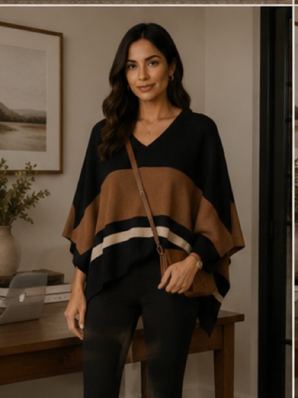 Womens Black and Brown Striped V-Neck Sweater Poncho